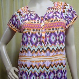Daisy Fuentes Smocked Short Sleeve Tribal Blouse